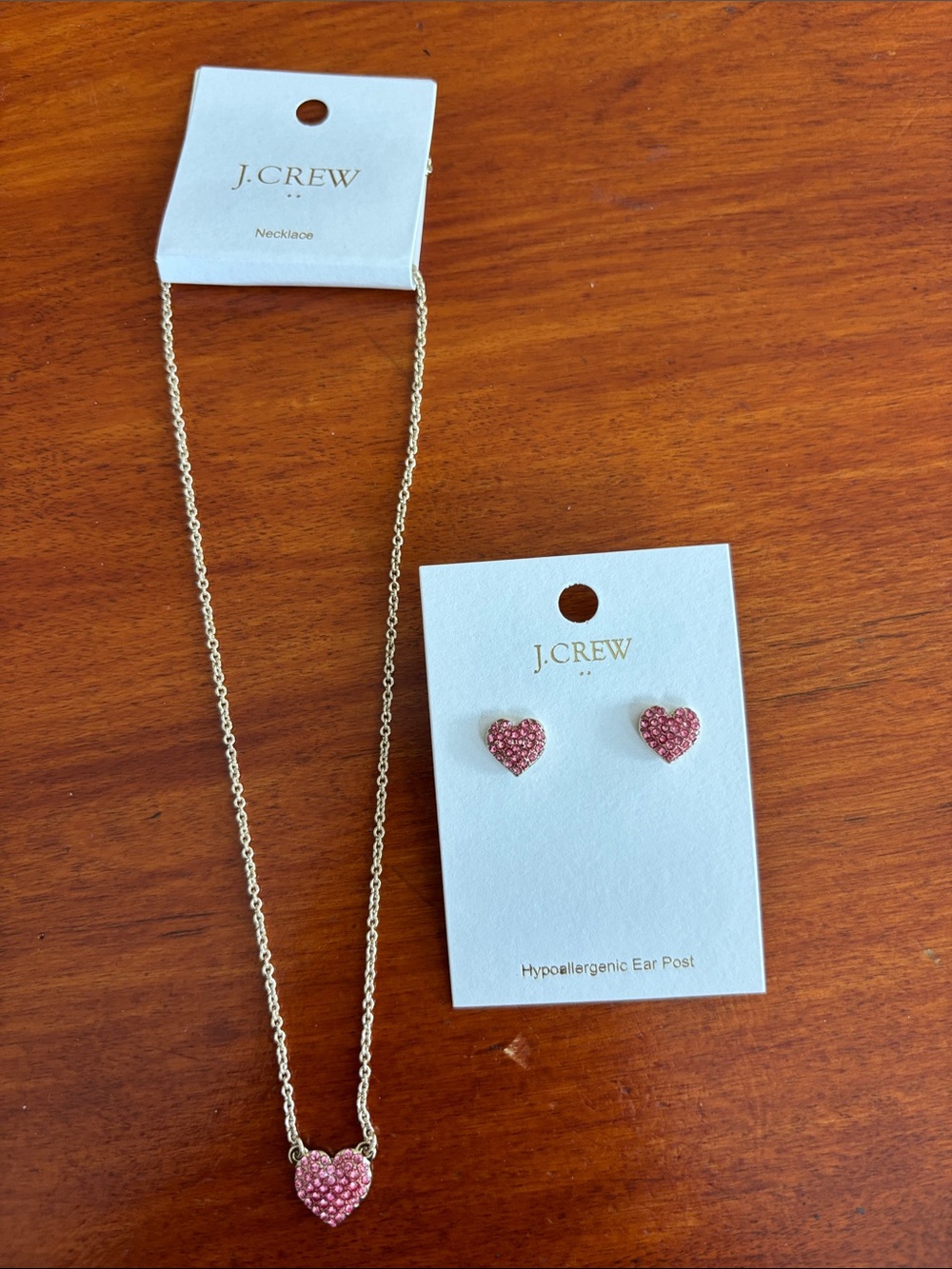 J. Crew Gold Chain Necklace with Pink Crystal Heart Pendant and Matching Studs